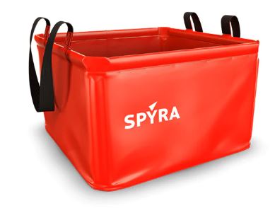 red plastic square with Spyra logo on the side and black carrying straps 