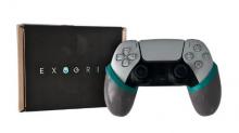 PS5 controller with grey and teal exogrips on each side, in front of the products' box