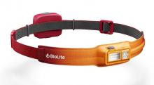 headlamp with a red to orange gradient headstrap, with light on front and red light on the back 