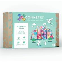 Connectix box showing a construction of the pastel shapes in a large building shape all on a brown box with a white background