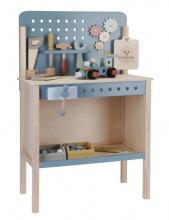 muted blue and wood workbench with range of tools, chalk board and bins 