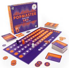 purple and orange popmaster box and board with cards and counters on a white background
