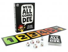 black We're All Gonna Die Box with the words in a white speech bubble, and a black board with gradient colour numbered squares as well as dice and a stack of cards on a white background