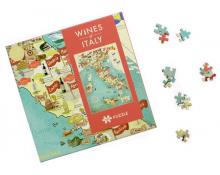 puzzle box showing the map style graphic of italy which has a vintage feel and shows the wines from different areas. the box has a red label and around the box are puzzle pieces 