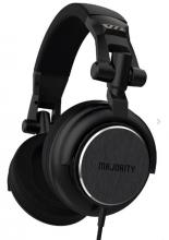 black wired headphones with grey/silver ear cuff with the majority name logo on it in black 
