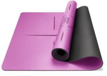 purple rubber yoga mat half rolled up showing black non-slip base, unrolled section shows black Asana Alignment lines for correct pose positioning