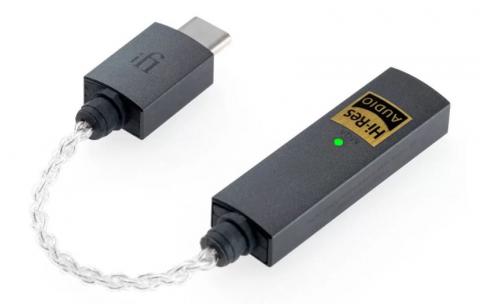 Small grey usb type device with USB-C port on one side which is connected via a clear spiraled cable to a longer usb shaped unit which has an audio jack in the end 