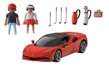 miniature figures of man, woman, 4 golf clubs, 2 golf bags and travel, bag, with red playmobil ferrari SF90 Stradale in front