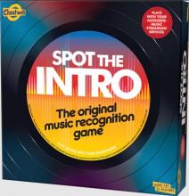 Spot the Intro box with a blue and red gradient record on the front with the main logo, and 'The original music recognition game' in the middle of the record