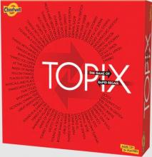 Red Topix box, with a faded black circle of topic examples behind the logo