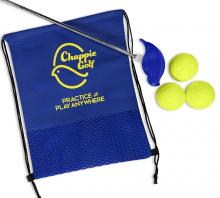 blue drawstring bag flat on a white background with three yellow balls next to it and the top of a golf club in the frame with a blue bird-shaped end on top of the bag