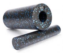 black foam large foam roller with a blue fleck pattern, on a smaller foam roller of the same pattern