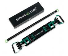 box with GYMPROLUXE logo on, black metal bar and adjustable black and green belt with handles at each end on a white background 